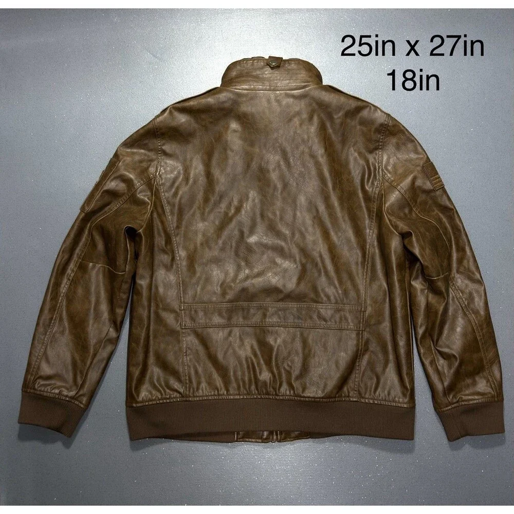 Tommy Hilfiger Faux Leather Bomber Jacket Mens XL Brown Fleece Collar Aviator